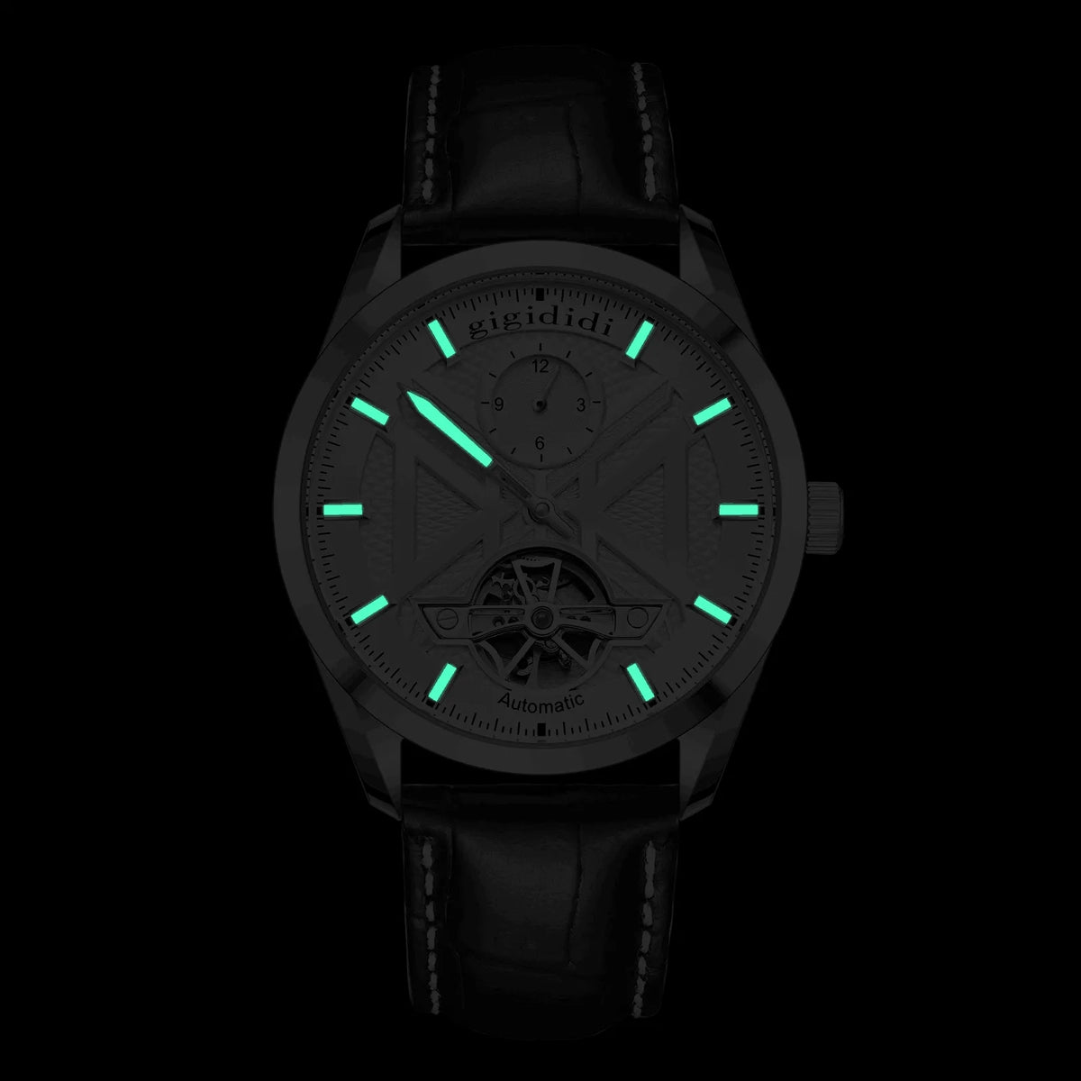 NEW gigididi Men's Business Mechanical Wristwatch Flywheel Leather Strap 50M Waterproof Luminous Watch relogio masculino GF25101