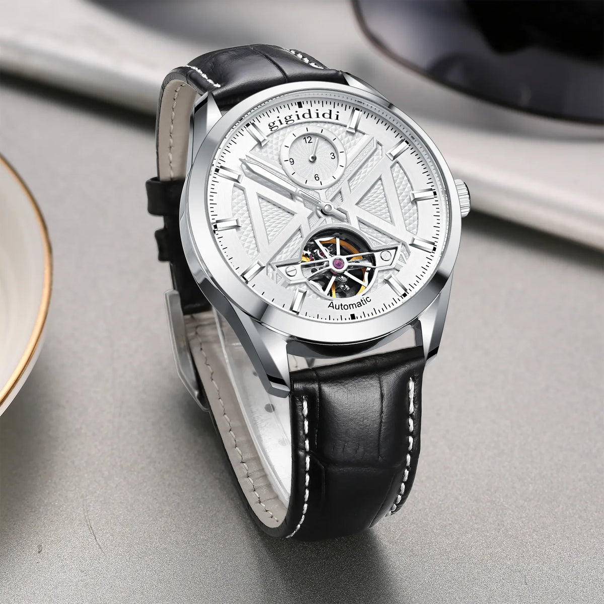 NEW gigididi Men's Business Mechanical Wristwatch Flywheel Leather Strap 50M Waterproof Luminous Watch relogio masculino GF25101