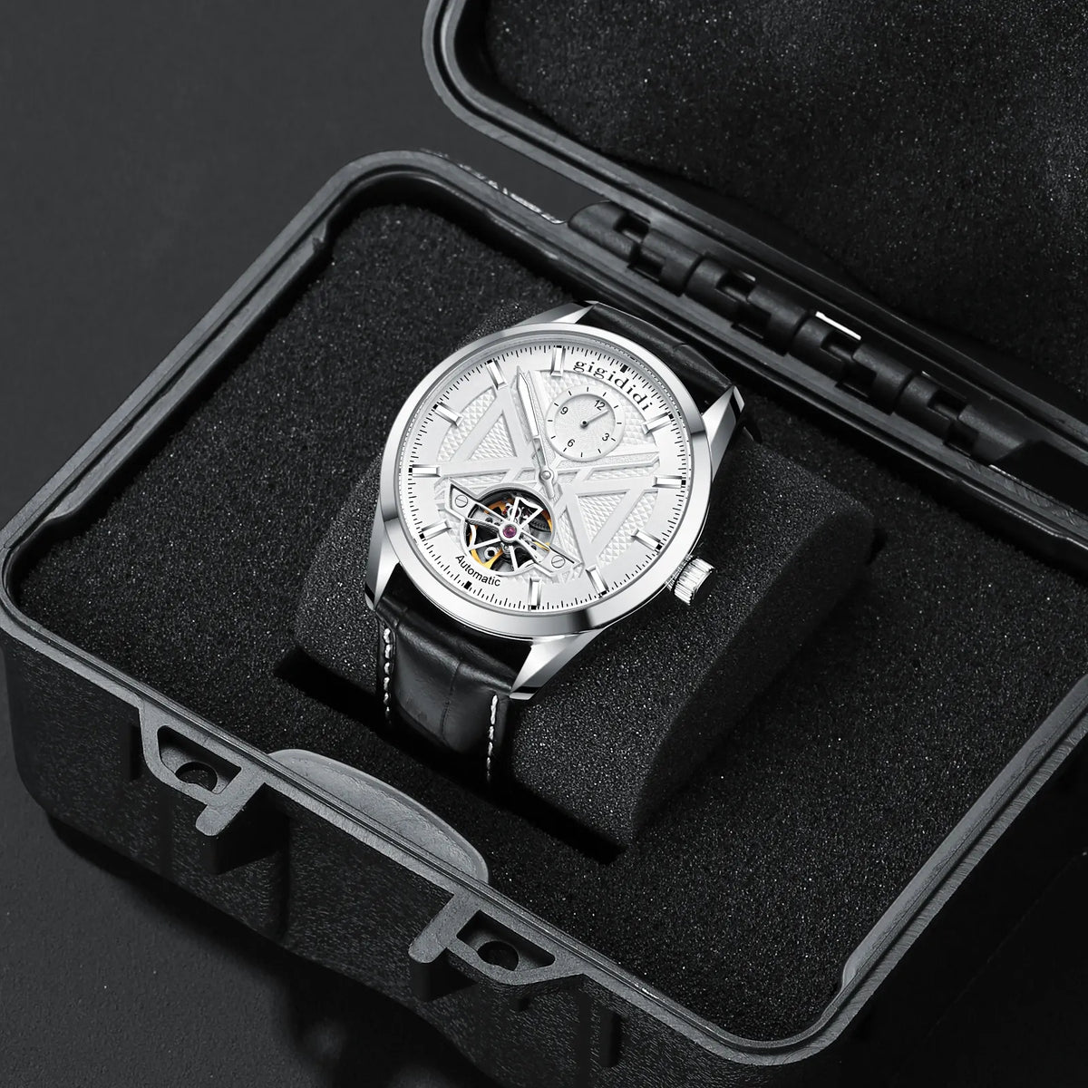 NEW gigididi Men's Business Mechanical Wristwatch Flywheel Leather Strap 50M Waterproof Luminous Watch relogio masculino GF25101