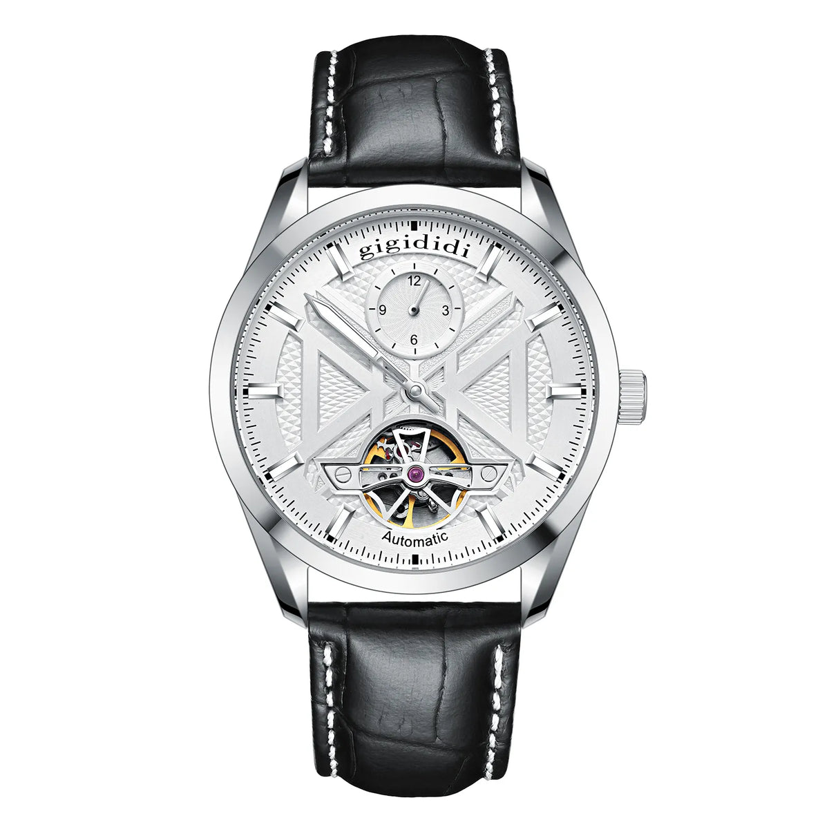 NEW gigididi Men's Business Mechanical Wristwatch Flywheel Leather Strap 50M Waterproof Luminous Watch relogio masculino GF25101